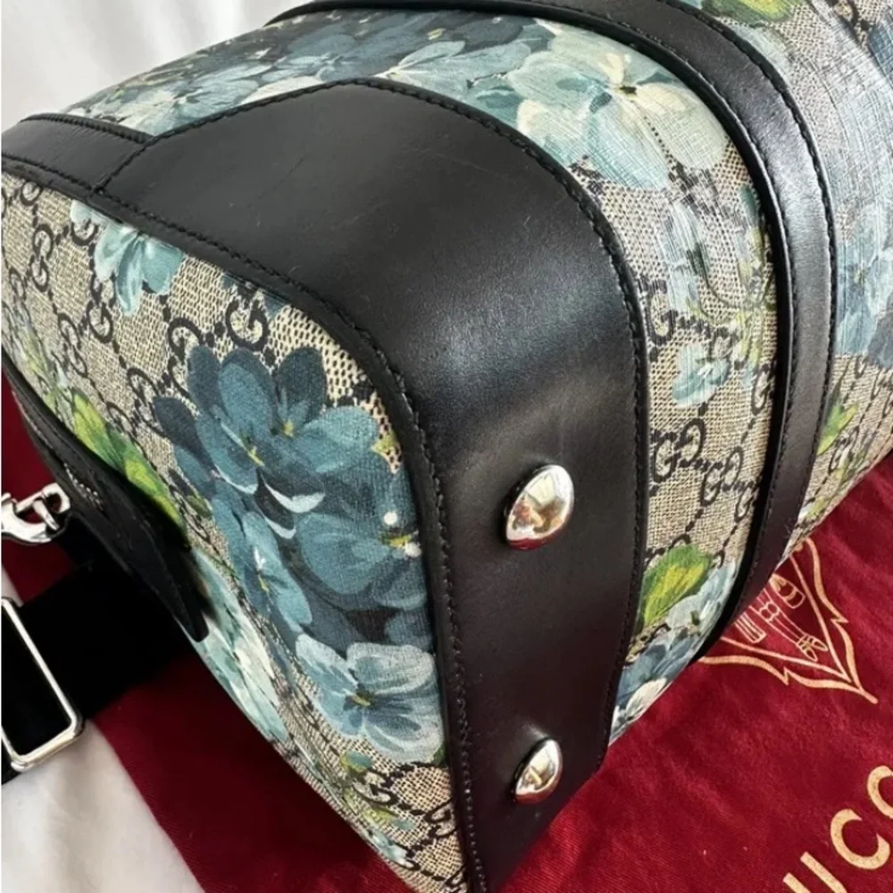 Gucci RARE! Supreme GG Large Signature Blue Blooms on Monogram Boston Satchel